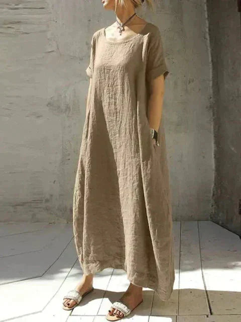 Scoop Neck Oversized Pocket Linen Blend Kaftan Maxi Dress