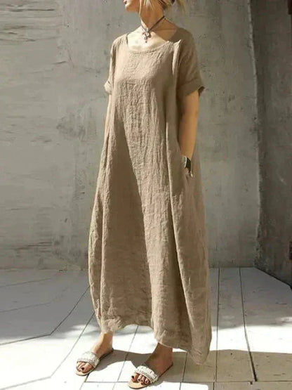 Scoop Neck Oversized Pocket Linen Blend Kaftan Maxi Dress