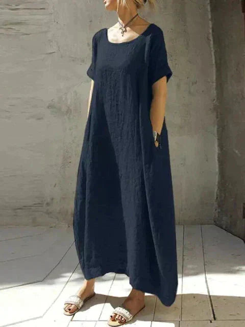 Scoop Neck Oversized Pocket Linen Blend Kaftan Maxi Dress