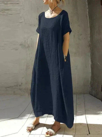 Scoop Neck Oversized Pocket Linen Blend Kaftan Maxi Dress