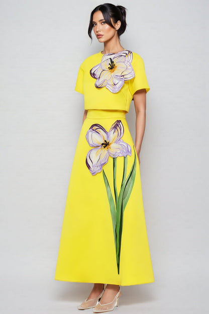 Hespet Yellow 3D Floral Maxi Dress Set