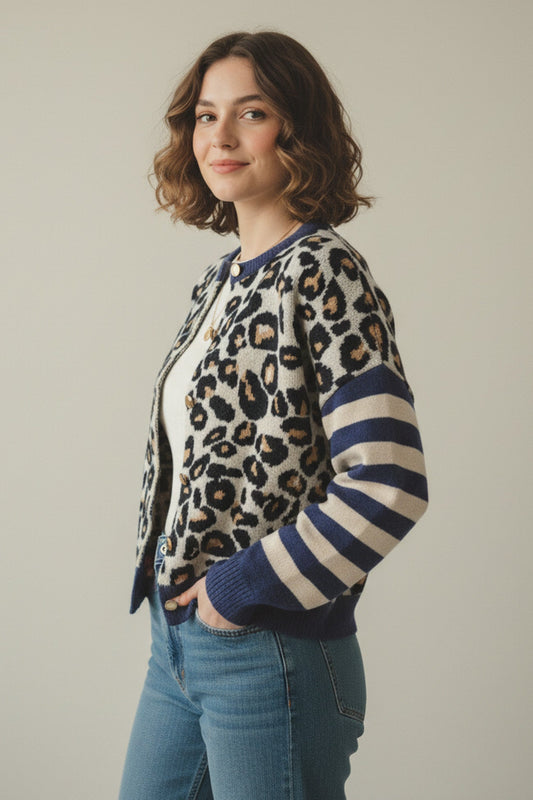 Leopard Striped Sleeve Patchwork Cardigan