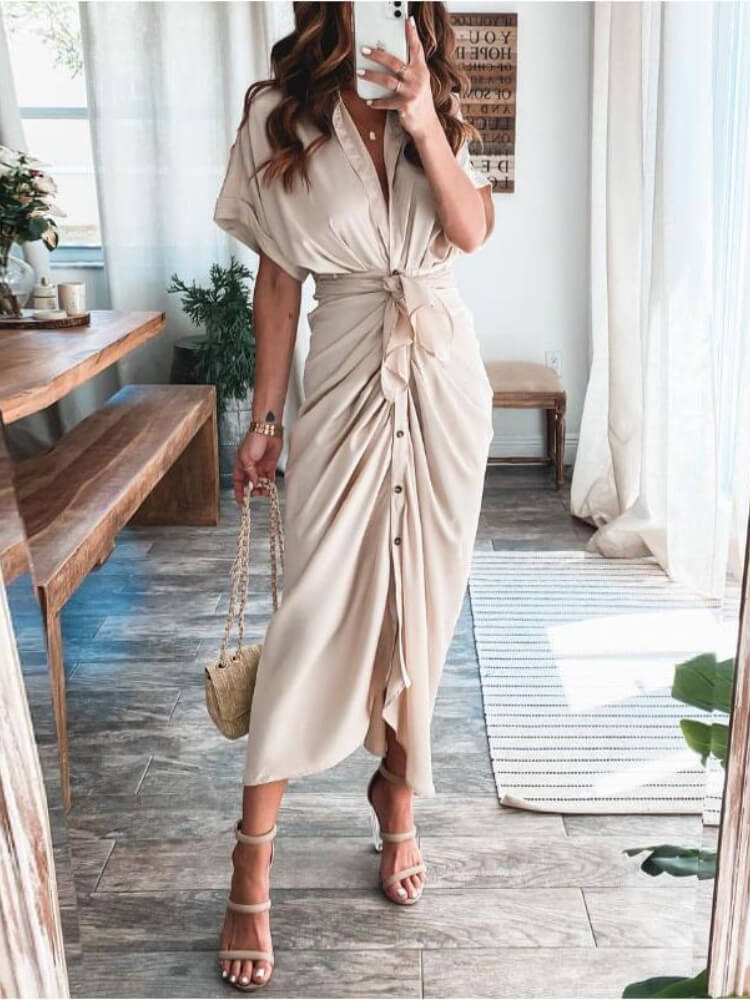 Collared V-Neck Tie-Waist Button-Front Draped Satin Midi Shirt Dress