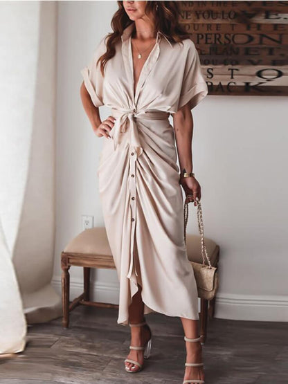 Collared V-Neck Tie-Waist Button-Front Draped Satin Midi Shirt Dress