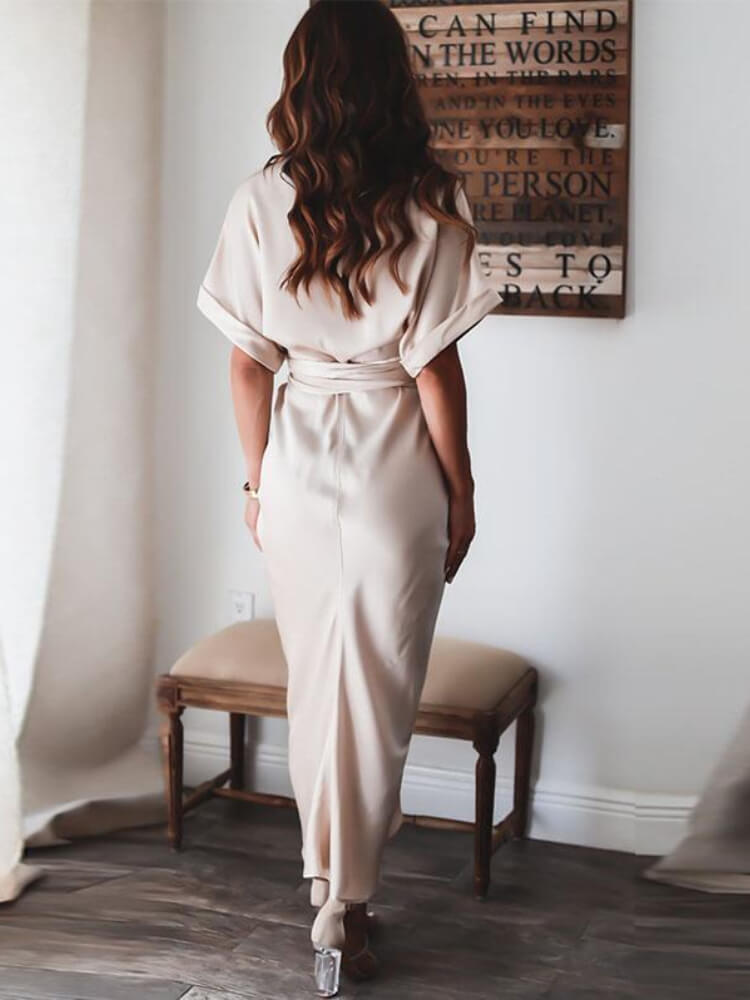 Collared V-Neck Tie-Waist Button-Front Draped Satin Midi Shirt Dress