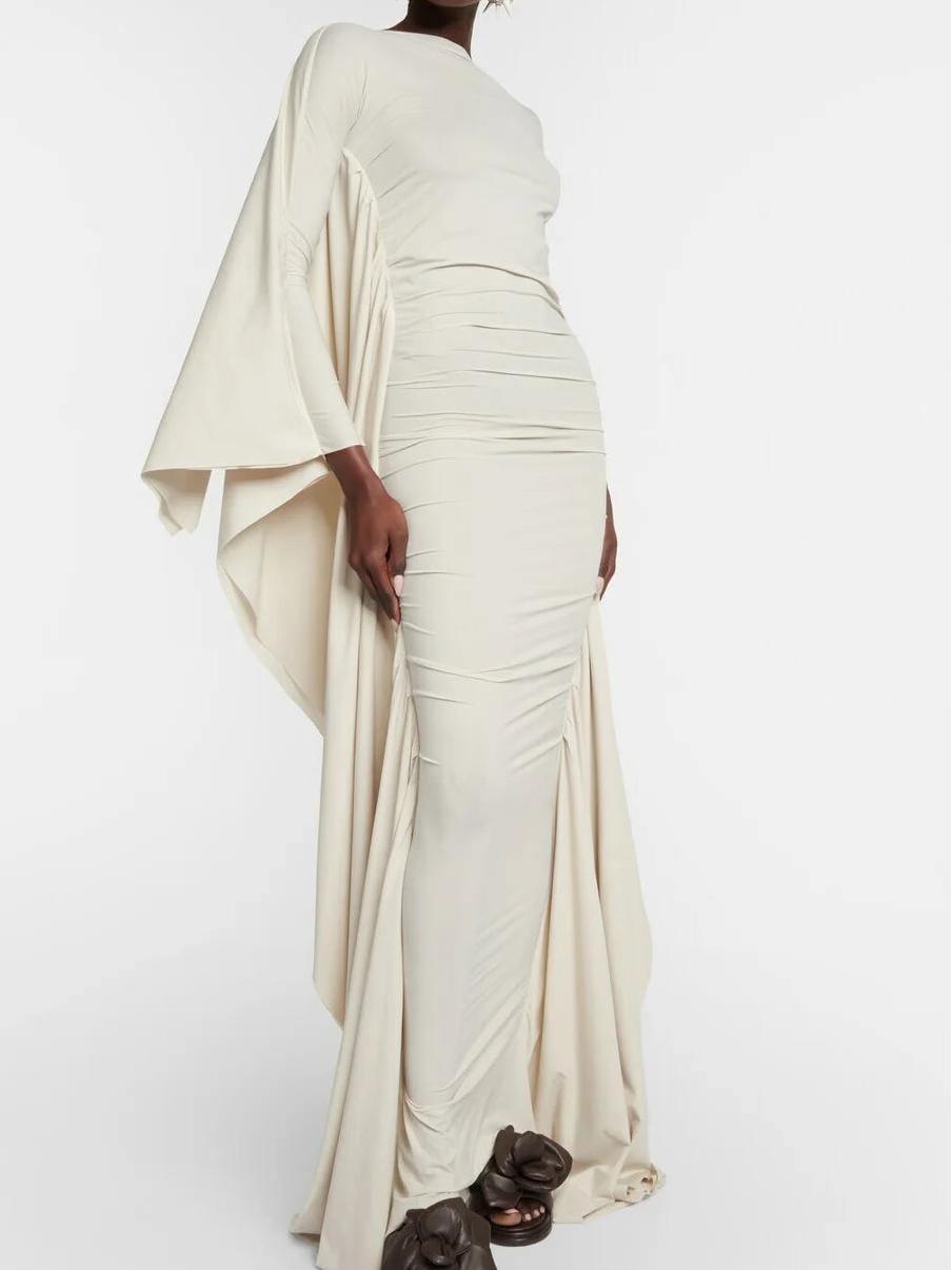 Round Neck Long Sleeve Ruched Cape Panel Draped Maxi Gown