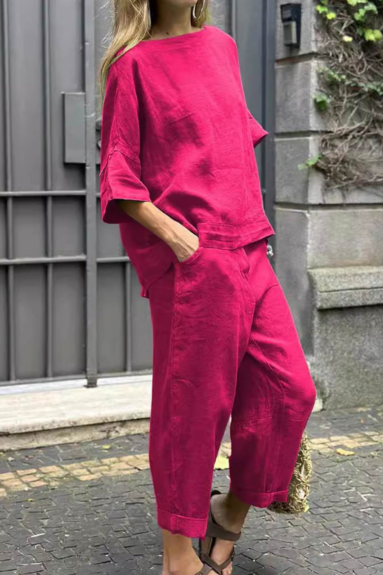 Linen Crew Neck T-shirt Two-piece Set