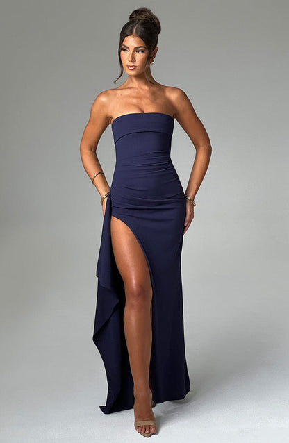 | Strapless Drape Thigh Slit Evening Gown