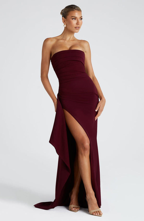 | Strapless Drape Thigh Slit Evening Gown