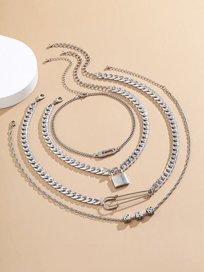 Lock and Key Safety Pin Necklace Set