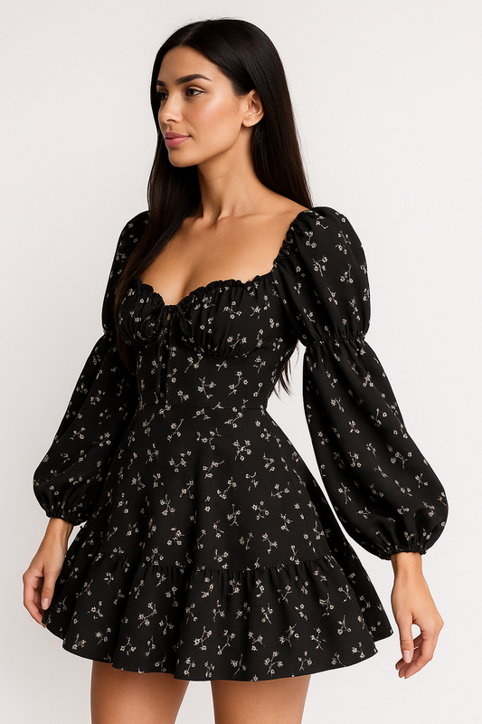 Floral Puff Sleeve Mini Dress | Square Neck | A-Line Silhouette