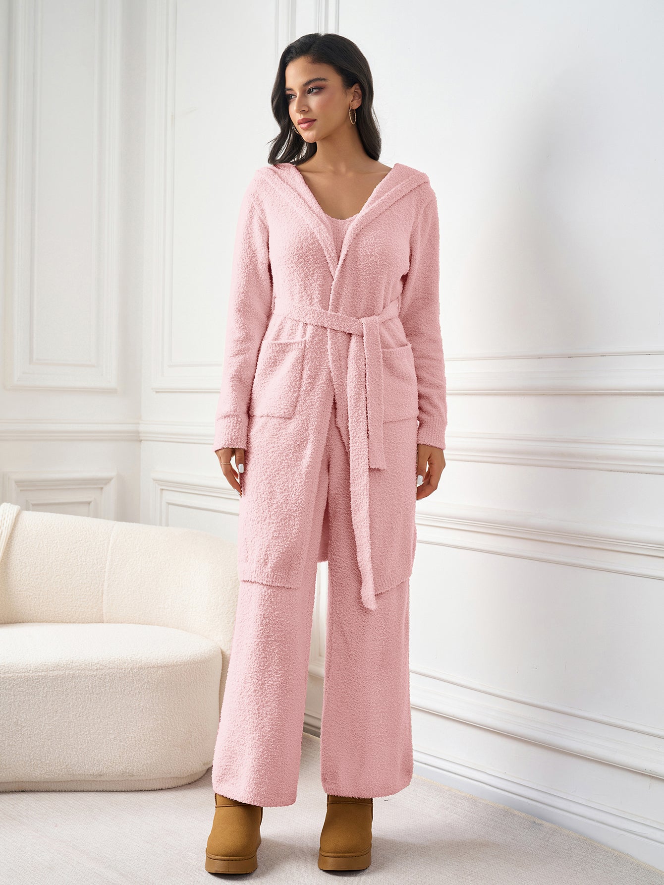 Long Sleeve Pocket Belted Hood Solid Sweater