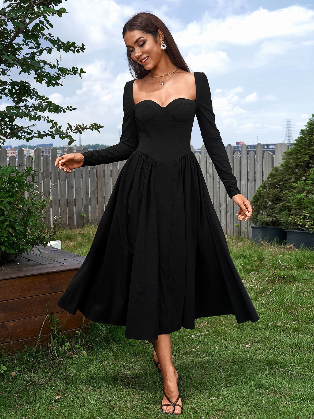 Long Sleeve Tie Back A-Line Dress