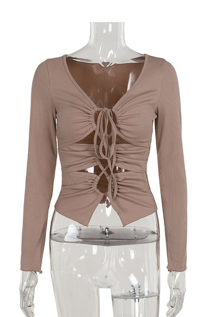 Long Sleeve Tie-up Cutout Bodycon Tops