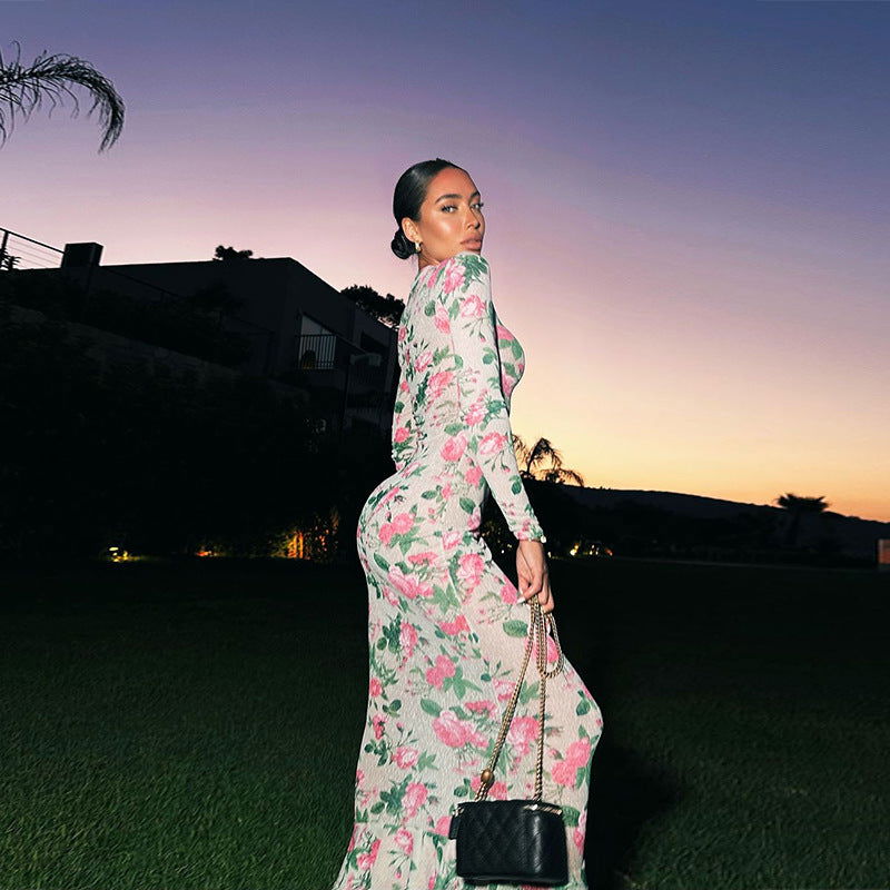 Long Sleeve Slim Fit Long Printed  Elegant Dress