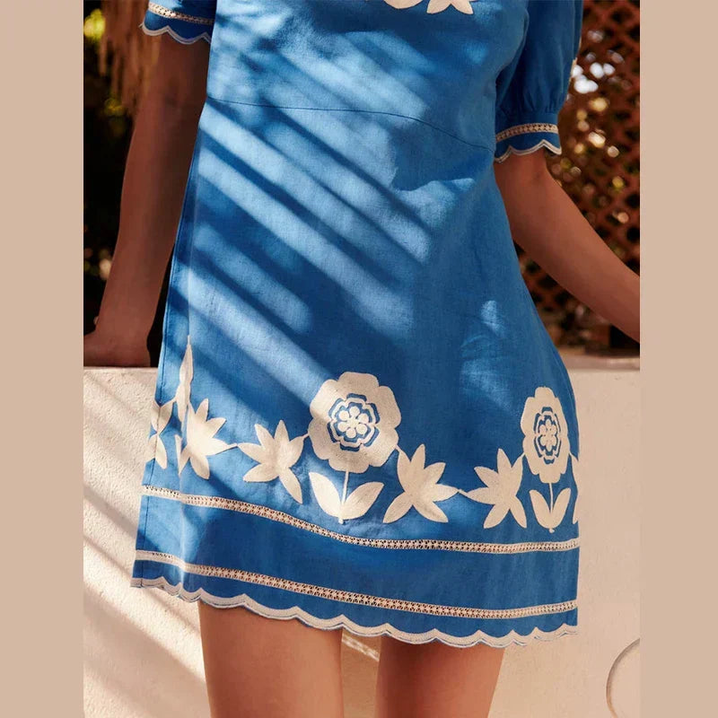 Floral Embroidery Puff Sleeve Scalloped Hem Mini Dress