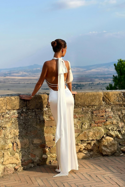 | Satin Halter Backless Evening Gown