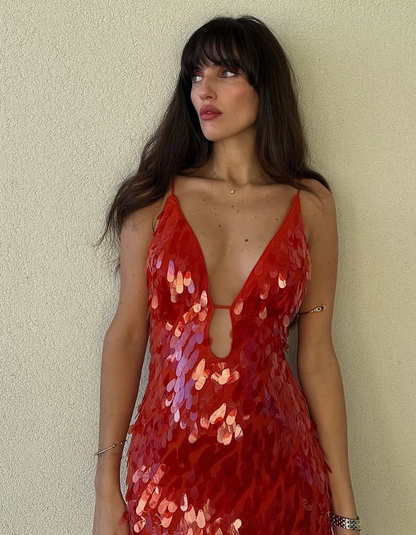 | Sequin Plunge Backless Gown