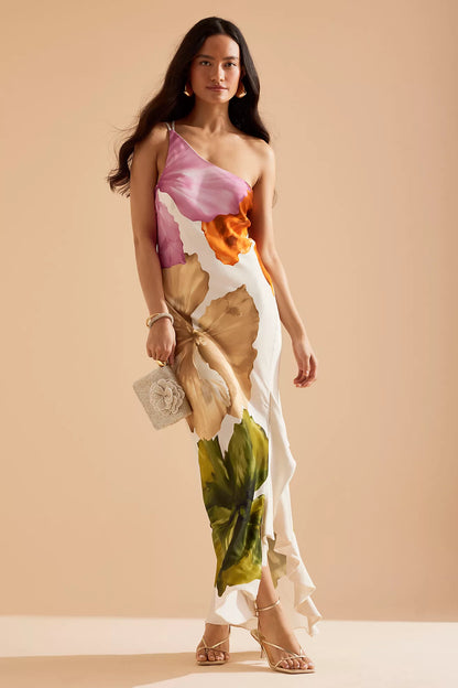 | Floral Drape One-Shoulder Maxi Dress
