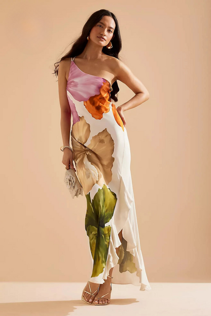 | Floral Drape One-Shoulder Maxi Dress