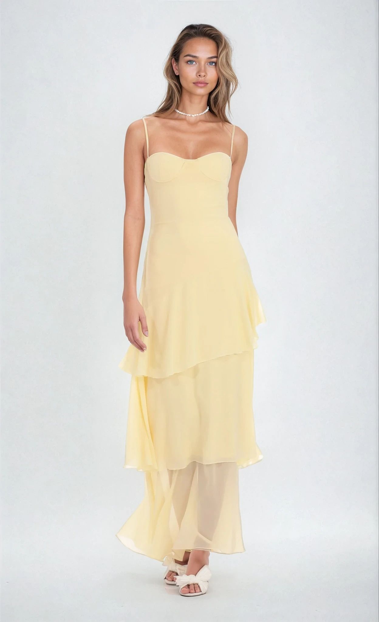 | Layered chiffon spaghetti strap gown