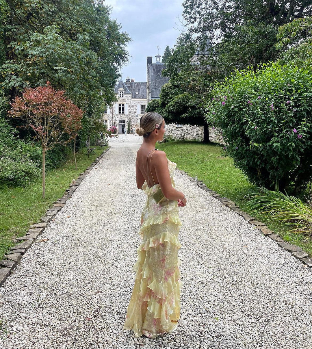 Ethereal Bloom Backless Ruffle Maxi Dress