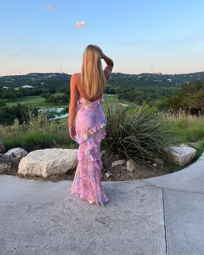 Ethereal Bloom Backless Ruffle Maxi Dress