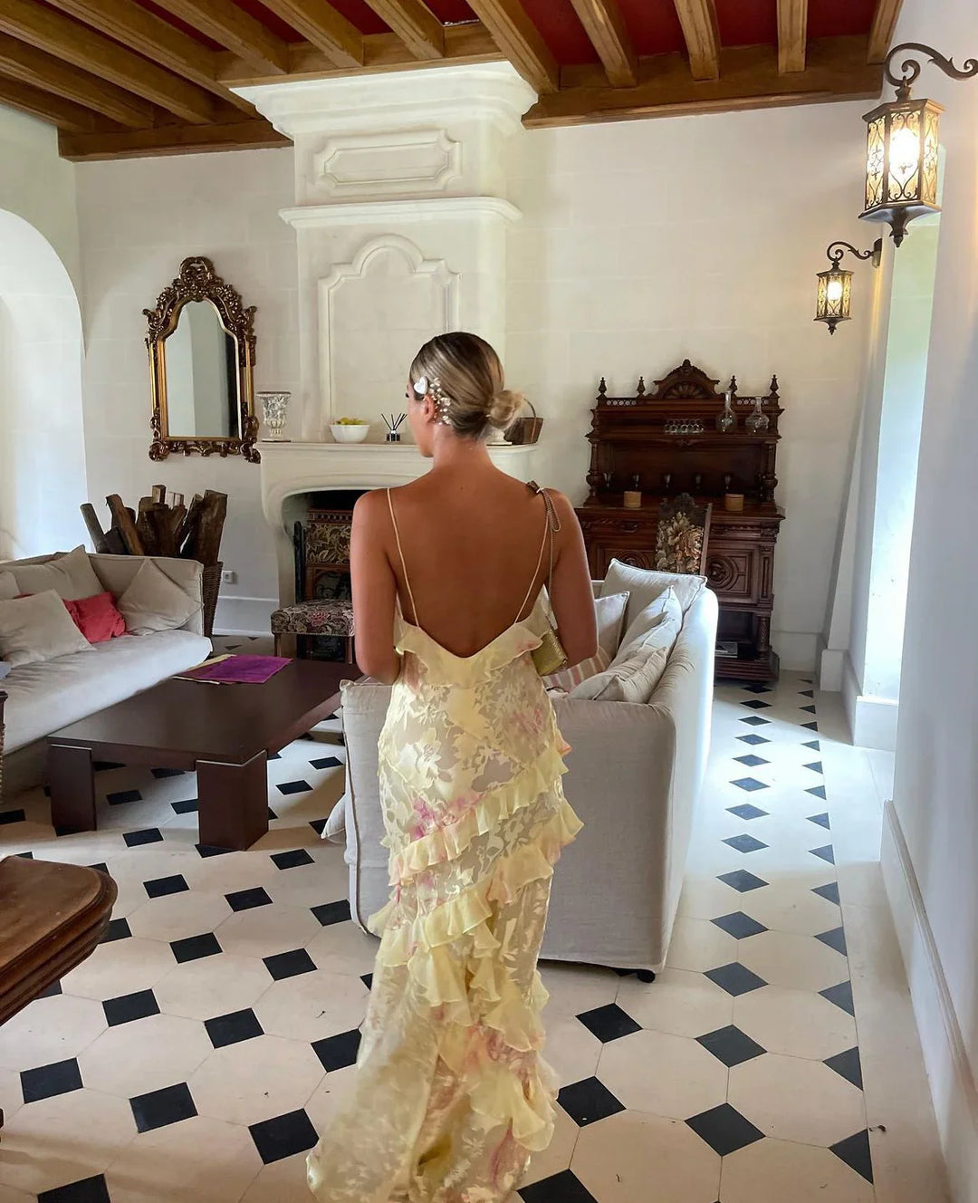 Ethereal Bloom Backless Ruffle Maxi Dress