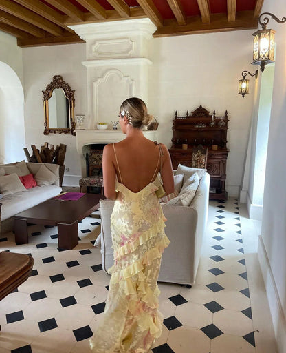 Ethereal Bloom Backless Ruffle Maxi Dress