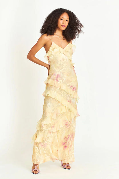Ethereal Bloom Backless Ruffle Maxi Dress
