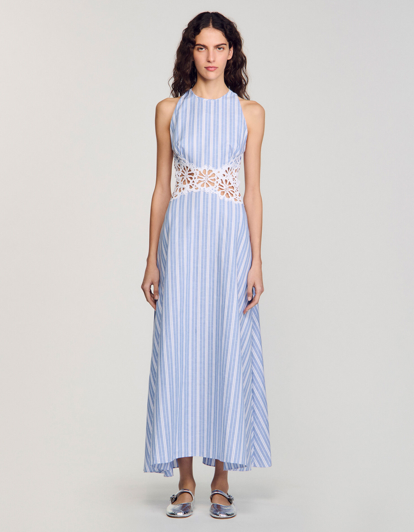 | Lace Cutout Detail Striped Midi Dress