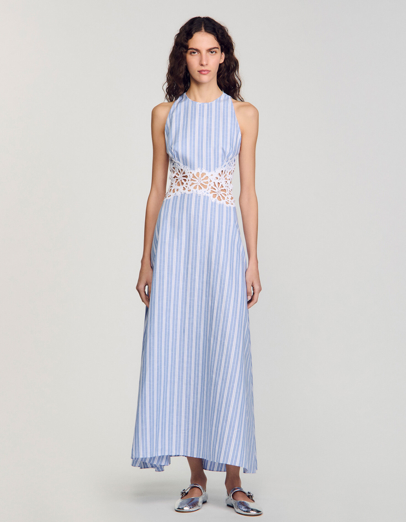| Lace Cutout Detail Striped Midi Dress