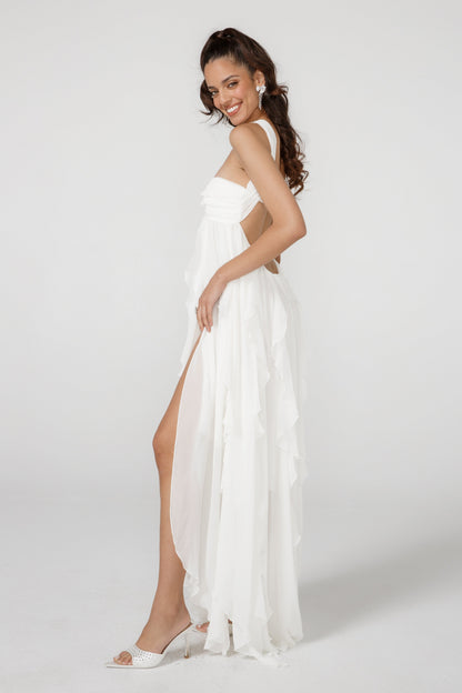 | Ruffled Drape Strapless Maxi Dress