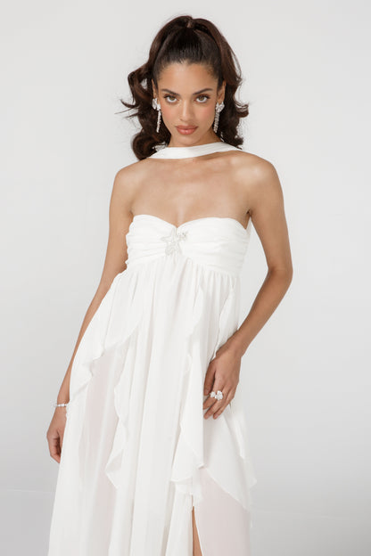 | Ruffled Drape Strapless Maxi Dress