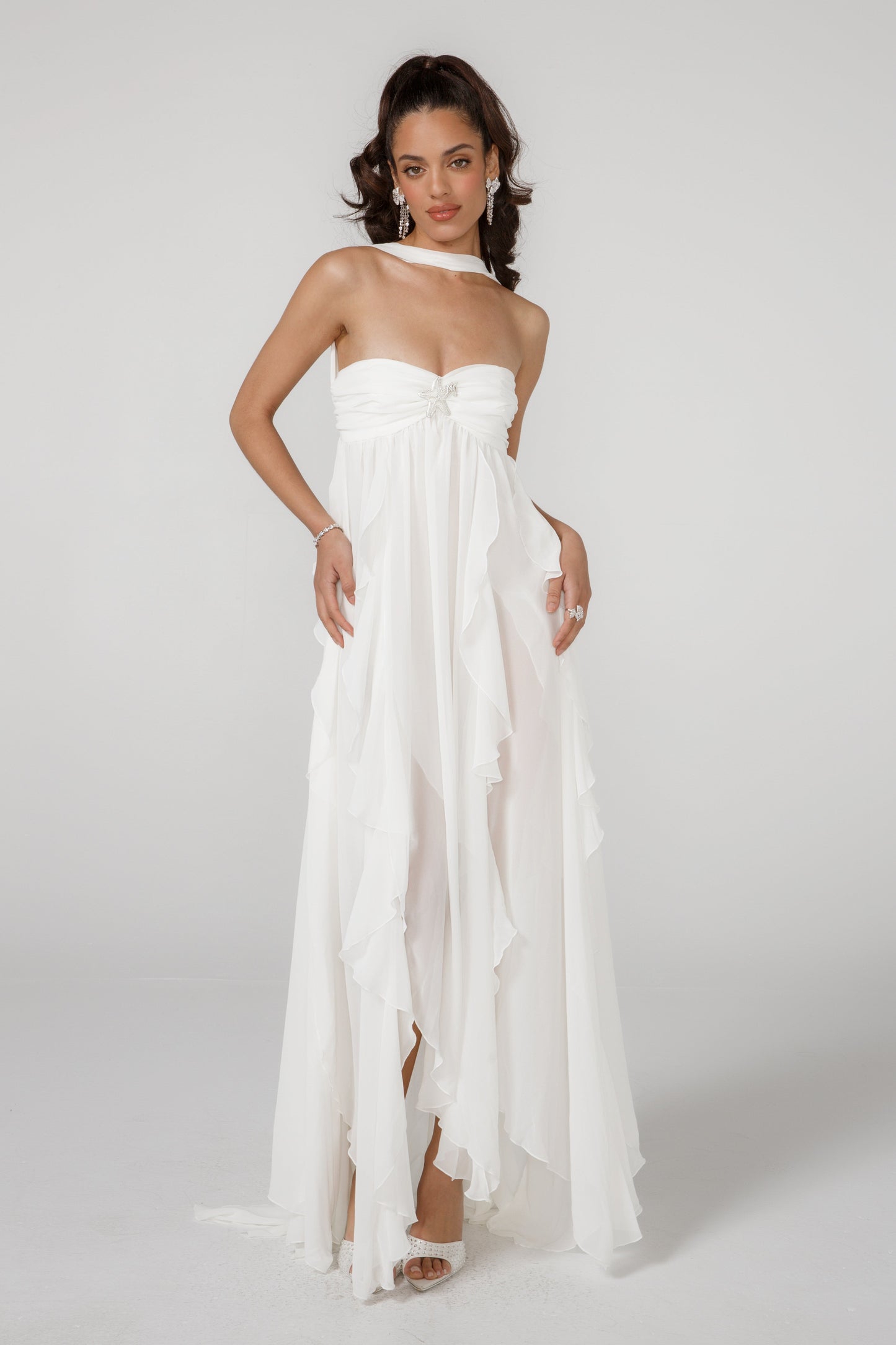 | Ruffled Drape Strapless Maxi Dress