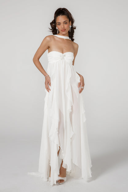 | Ruffled Drape Strapless Maxi Dress