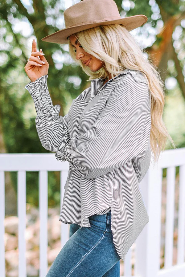 | Pinstripe Detail Button-Up Blouse