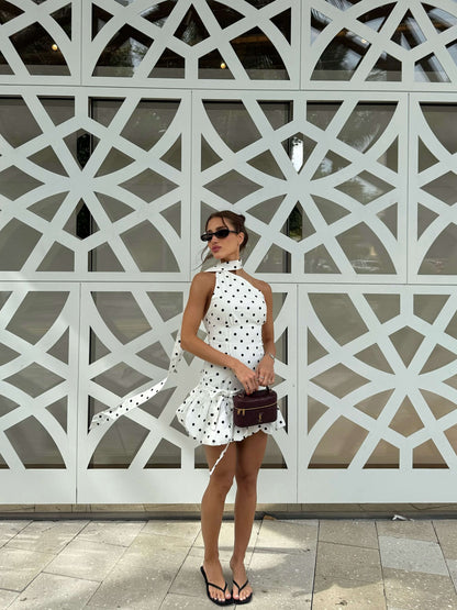 | Asymmetric Cut Polka Dot Mini Dress