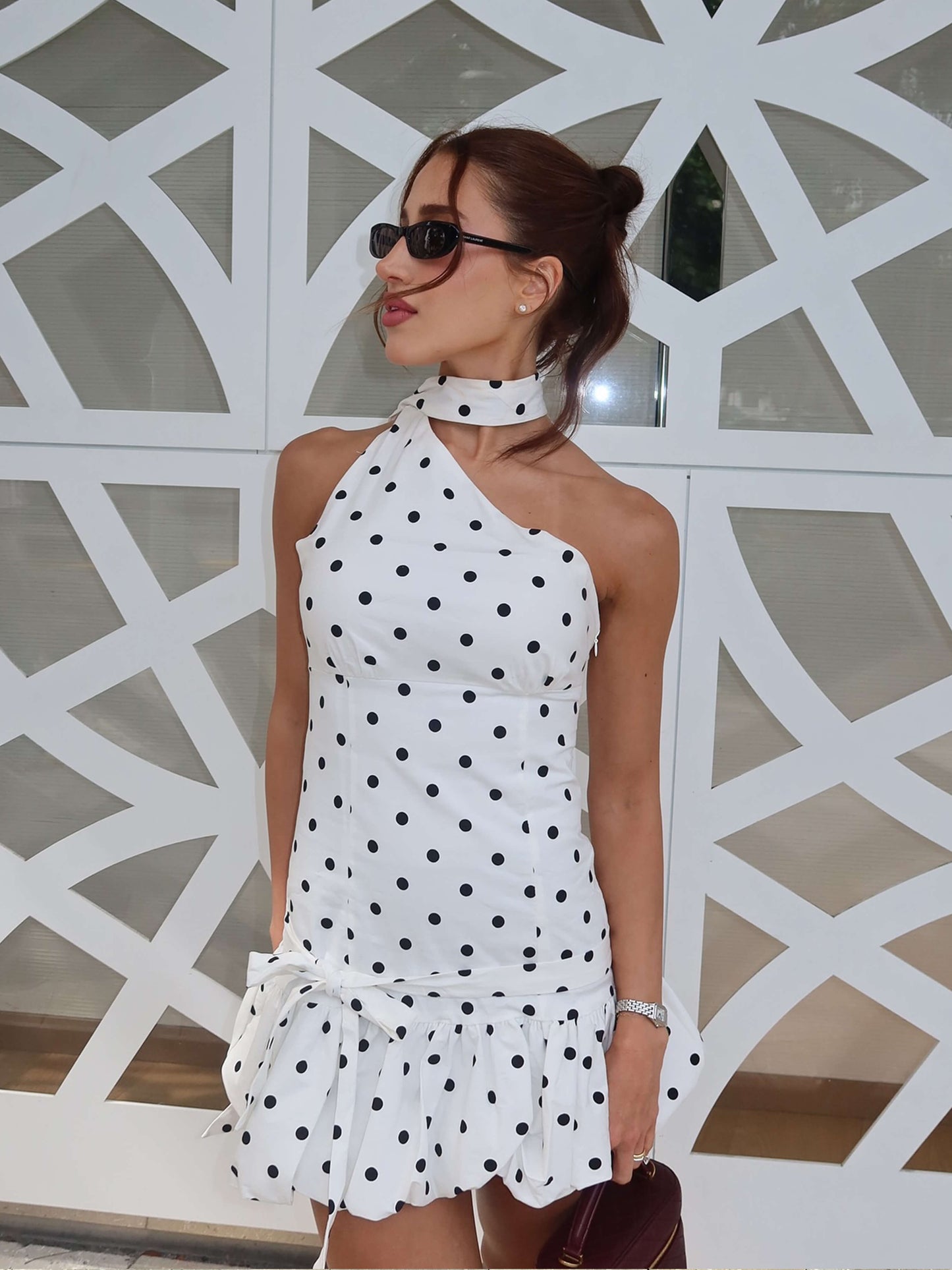 | Asymmetric Cut Polka Dot Mini Dress