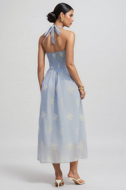 Eliza Halter Striped Embroidery Maxi Dress