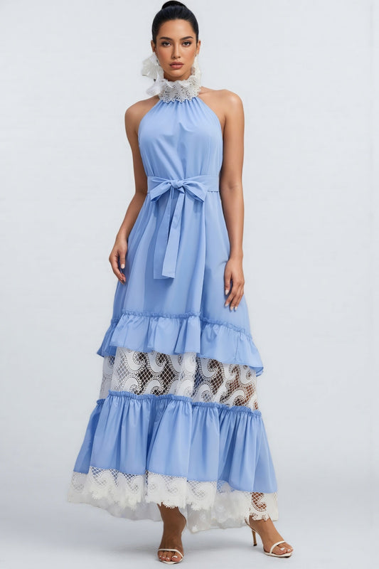 Sablert Blue Embroidered Mesh Maxi Dress