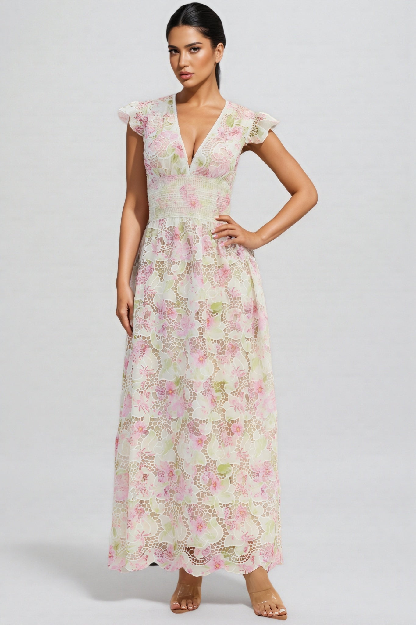 Jorjal V Neck Embroidered Hollow Out Maxi Dress