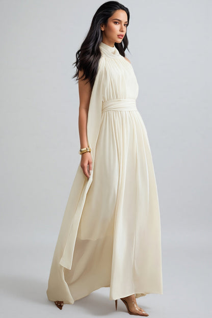 Zurilk Apricot Chiffon Backless Maxi Dress