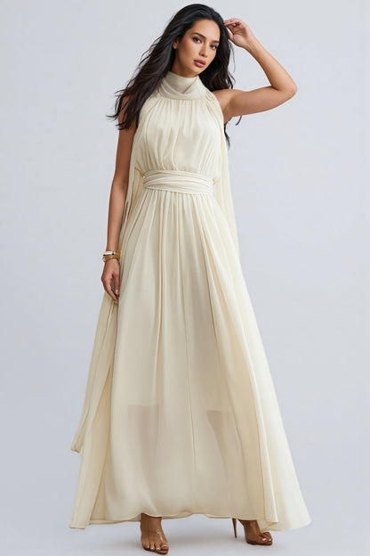 Zurilk Apricot Chiffon Backless Maxi Dress