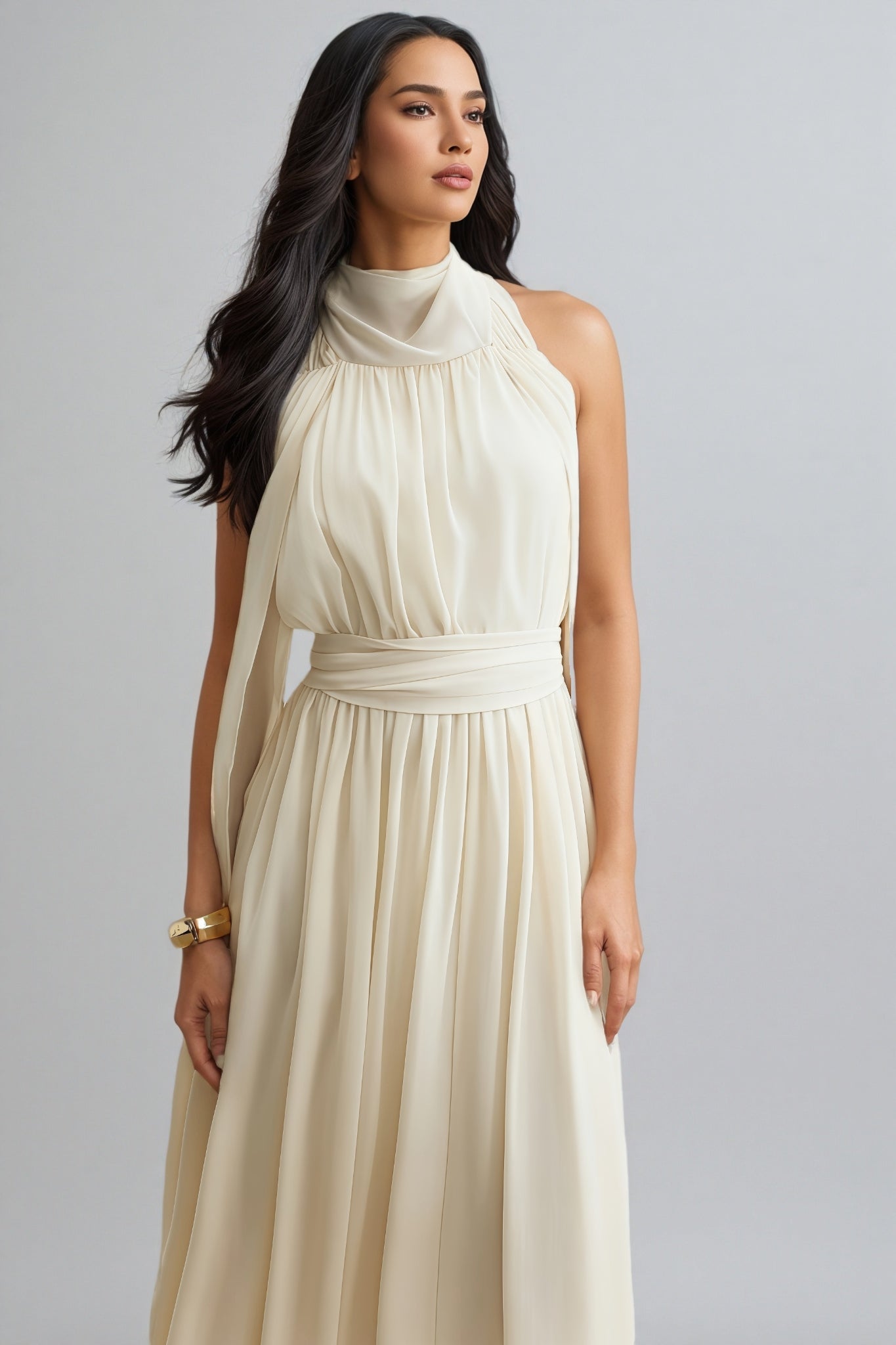 Zurilk Apricot Chiffon Backless Maxi Dress