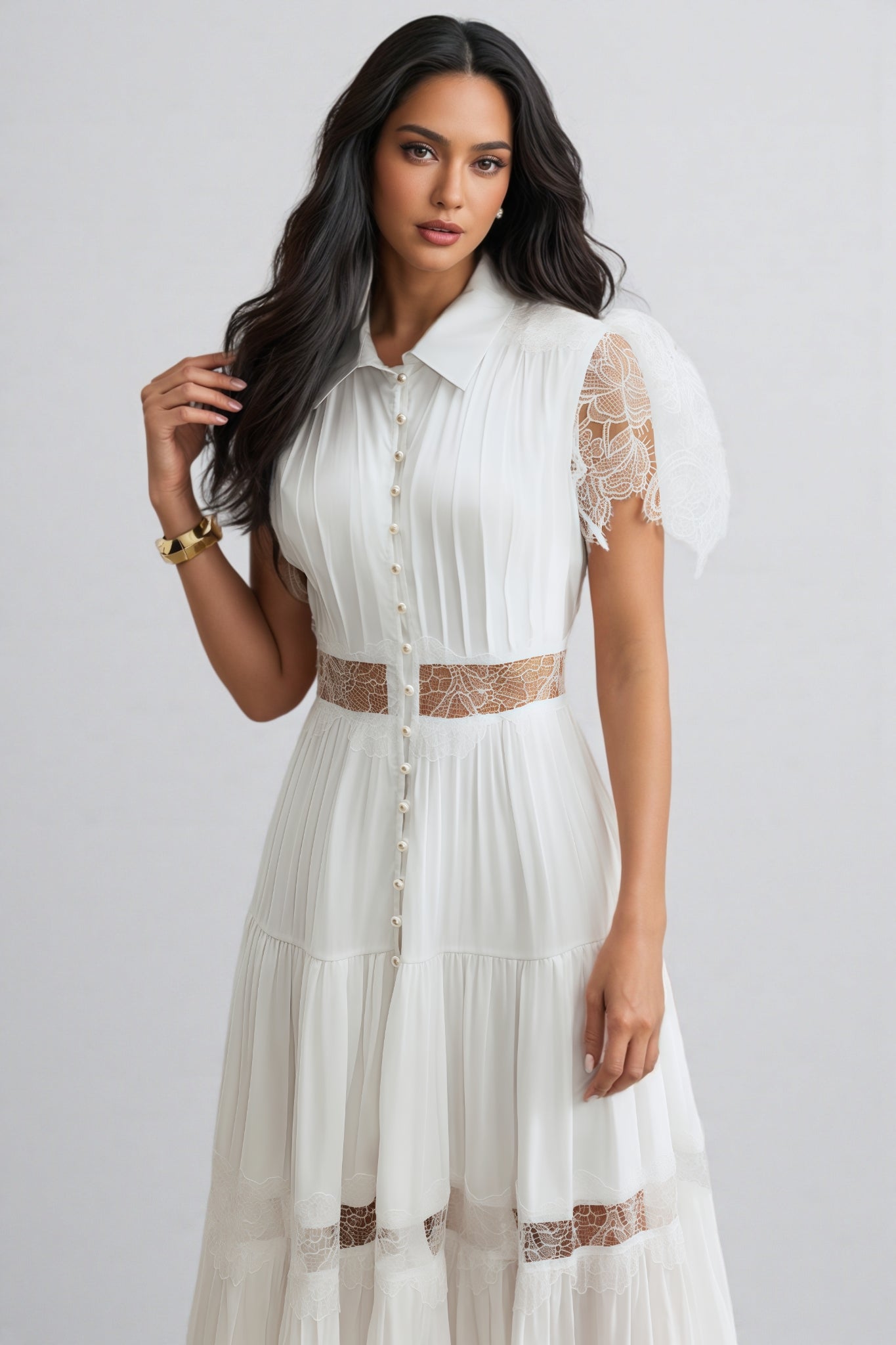 Zived White Lace Embroidery Cut Out Maxi Dress