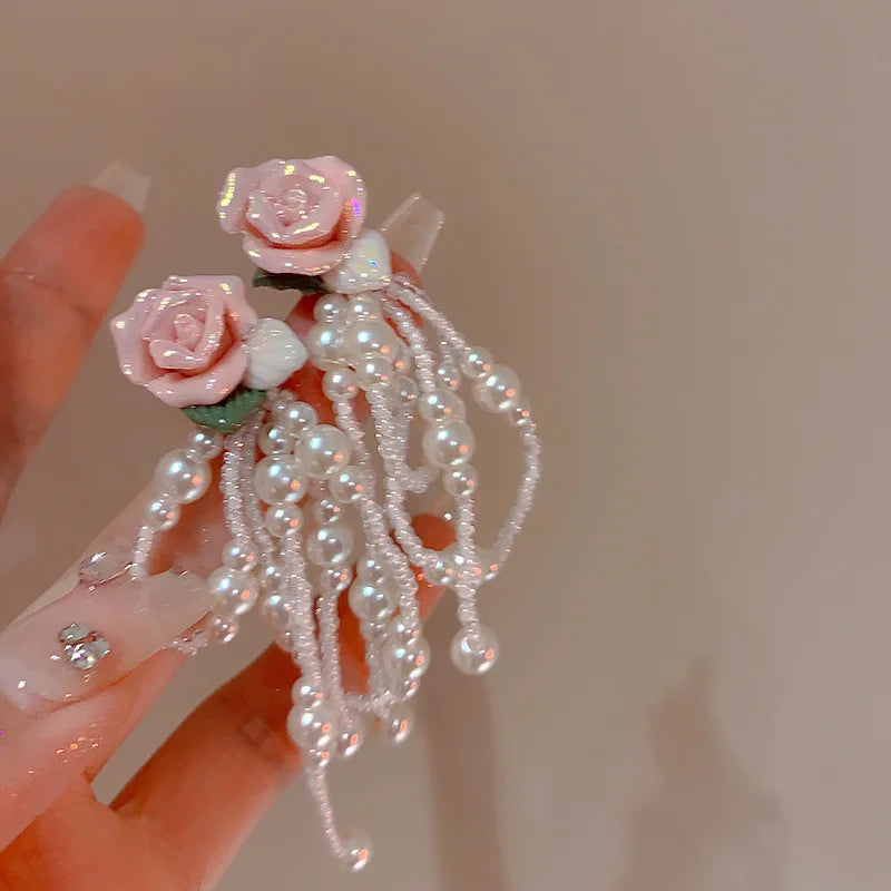 Korean Fashion Pink Flower Pearl Tassel Earrings for Women Luxury Fairy Jewelry
