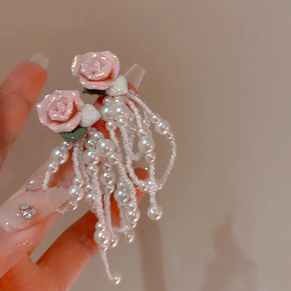 Korean Fashion Pink Flower Pearl Tassel Earrings for Women Luxury Fairy Jewelry