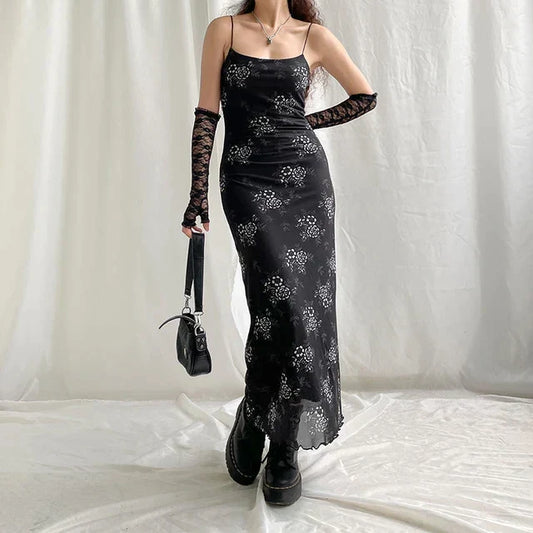 Floral Print Spaghetti Strap Lettuce-Hem Mesh Maxi Dress