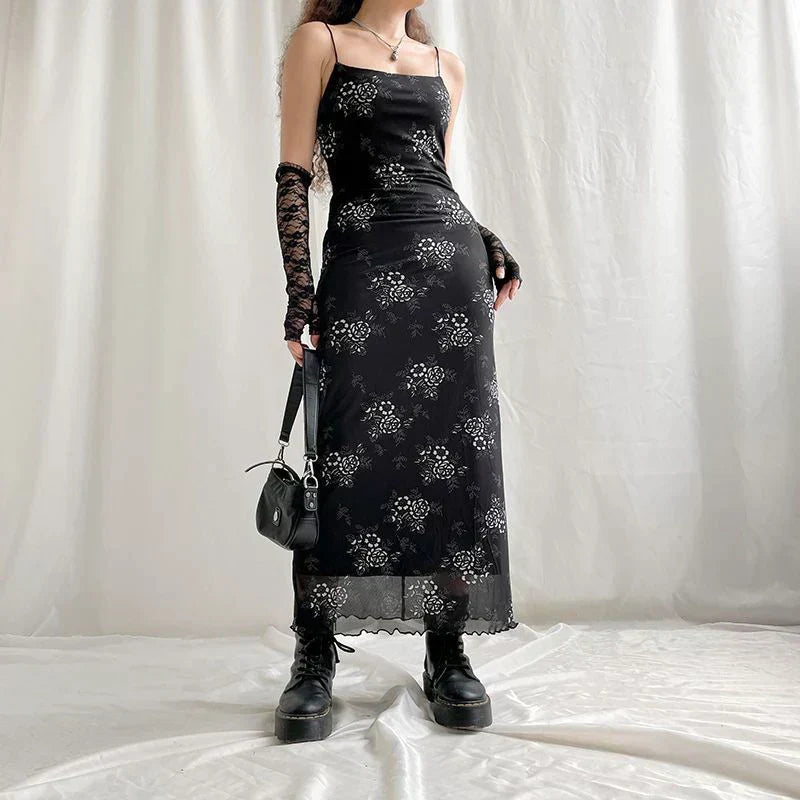 Floral Print Spaghetti Strap Lettuce-Hem Mesh Maxi Dress